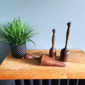 May include: Three antique wooden kitchen tools, including a rolling pin and two muddlers, rest on a wooden table. A potted green plant sits to the left. The tools are various shades of brown.
