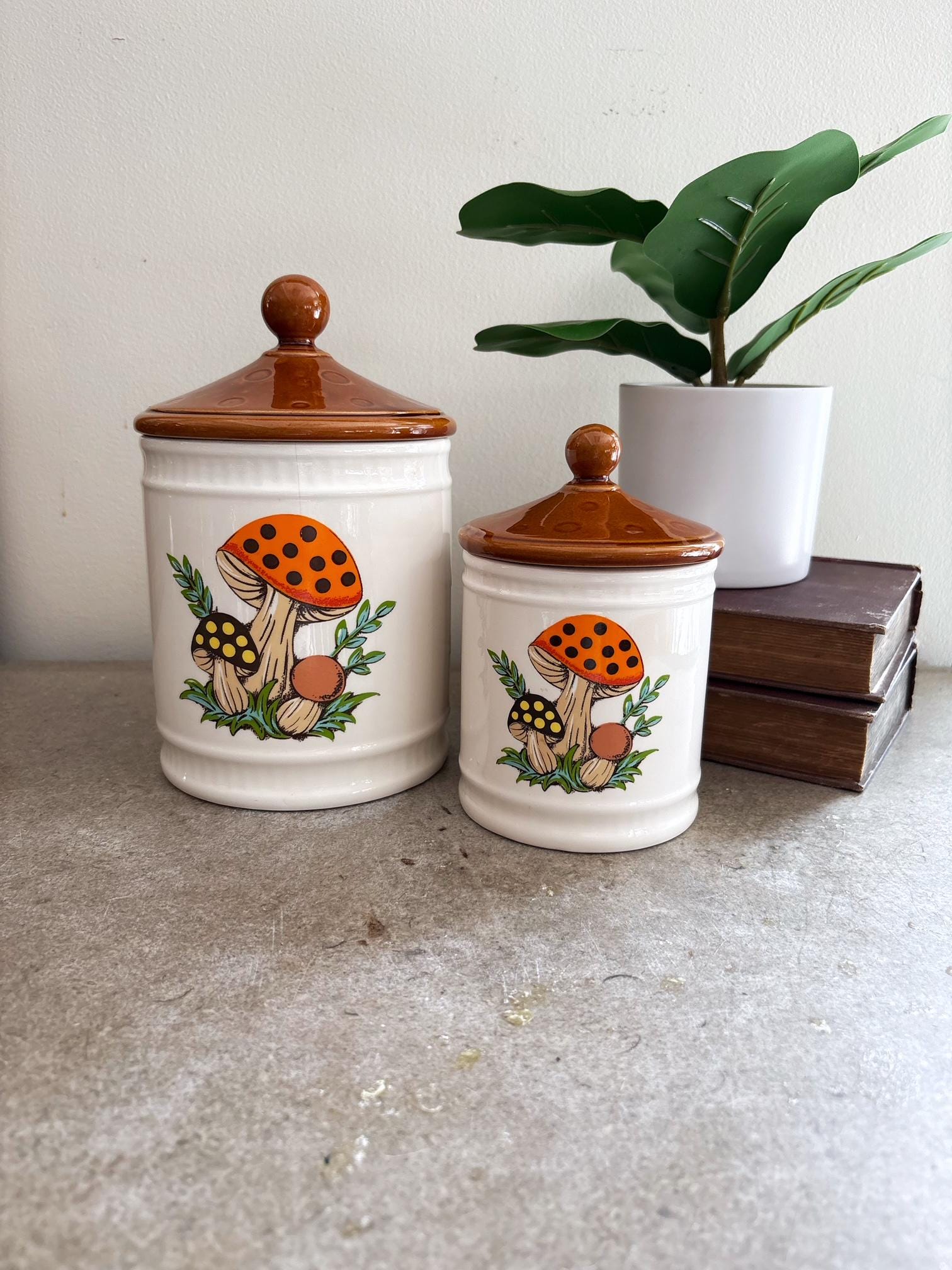 シアーズマッシュルームキャニスターセット Sears Merry Mushrooms All-In-One-Spin Canister No Spin Tray READ