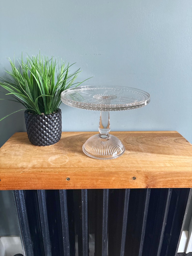 May include: A clear glass cake stand with a round top and a pedestal base. The top has a decorative pattern around the edge. The base has vertical ridges. A green plant in a black pot sits to the left.