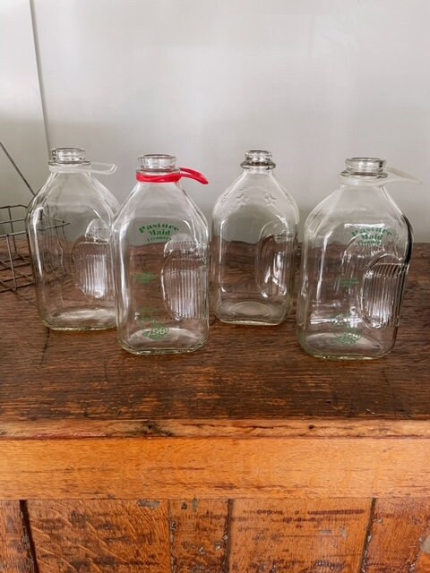 Vintage Glass Milk Jars Farm Rustic Ceramic Lids Metal Hinges & Metal  Carrier