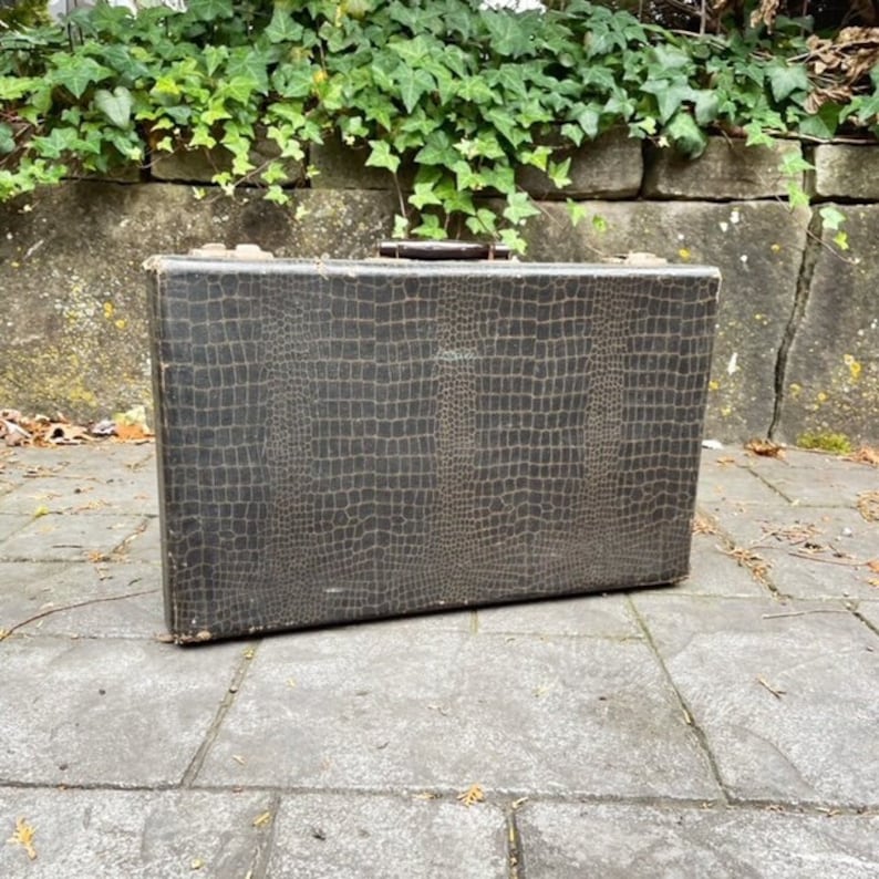 May include: A vintage brown suitcase with a crocodile-embossed pattern. The suitcase has a metal handle and a latch.