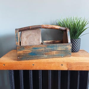 Blue Wooden Tool Box with Partition Reclaimed Wood Toolbox Utensil Holder