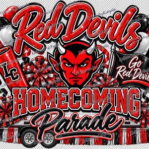 May include: A graphic design featuring the text Red Devils and Homecoming Parade in red glitter font. It includes a red devil mascot head, black and red pom-poms, a megaphone with LC text, a flag with Go Red Devils text, and a parade float.