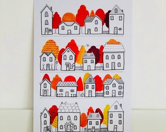 Autumn Houses illustration A4 limited edition print