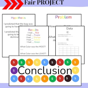 May include: A science fair project template titled "Print and Go Skittles Science Fair PROJECT." The template includes sections for hypothesis, results, problem, data, and conclusion. Colorful Skittles candies are featured in the conclusion section. The text "EVERYTHING YOU NEED!" is at the bottom.