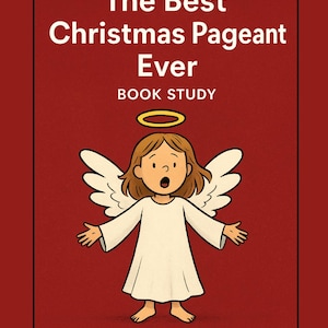 May include: Book cover with the title "The Best Christmas Pageant Ever" in white text on a red background. An illustration of an angel with a gold halo and white wings is featured. The author's name, Barbara Robinson, is at the bottom.