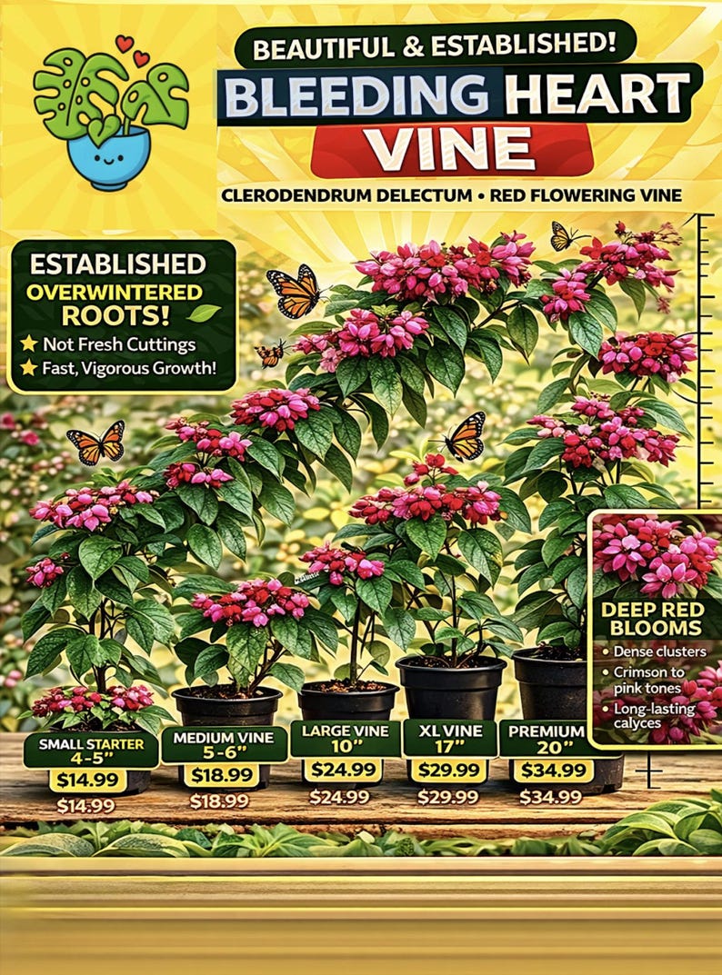 Bleeding Heart Vine Clerodendrum Delectum | Red Flowering Vine | 4–20 ...