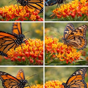 May include: A collage of six images featuring Monarch butterflies with orange and black wings, perched on clusters of orange and yellow flowers. The butterflies are in various positions, some with wings open, others closed.