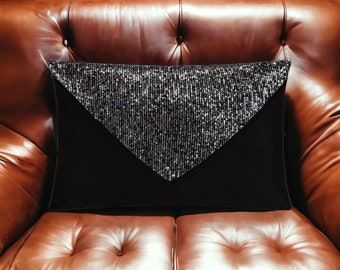 Housse de coussin décorative motif embrayage motif sequin noir et gris, décor à la maison, coussin, coussin, cadeau pour elle, salon
