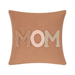 Brown pink beige linen fabric punch  needle embroidered MOM written letter decorative pillow cover|home decor|cushion|mothers day|Embroidery