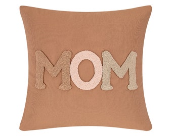 Brown pink beige linen fabric punch  needle embroidered MOM written letter decorative pillow cover|home decor|cushion|mothers day|Embroidery