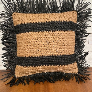 Beige and black knitting embroidery decorative pillow cover with tassels|Throw pillow|Outdoor pillow|Garden pillow||Living room|Bohemian