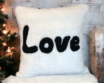 White plush black punch needle embroidered Love written decorative pillow cover,Housewarming gifts,Valentines day gift,Cushion,Home decor