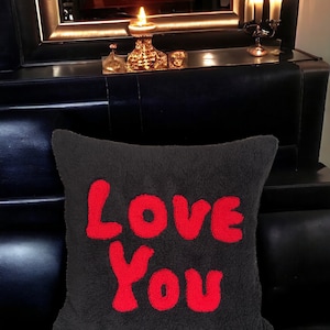 Black plush with punch embroidery red written valentines day love you,decorative pillow cover,gifts for her,living room decor ,cushion,throw