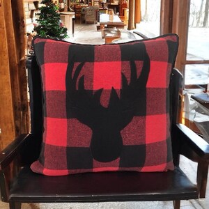 Black and red plaid fabric with black deer design decorative pillow cover|Christmas Pillow|Christmas decor|Gifts for her|Home decor