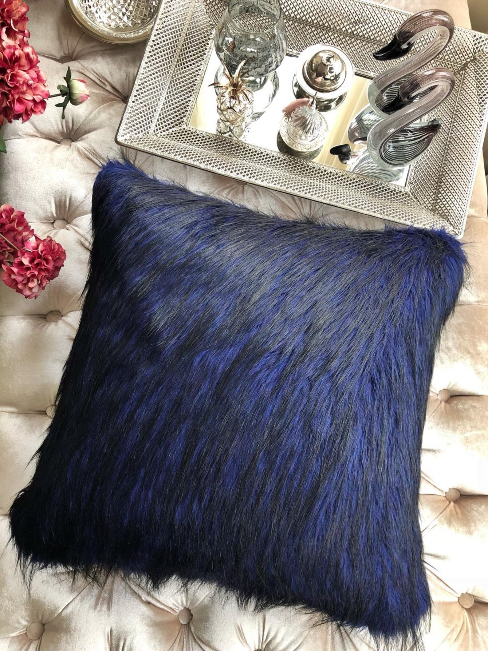 Navy Blue Faux Fur Decorative Pillow Coverhome Etsy
