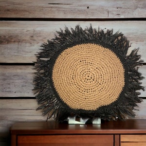 Beige and black knitting embroidery circle decorative pillow cover|Bohemian Eclectic style|Throw pillow|Summer pillow|Garden decor