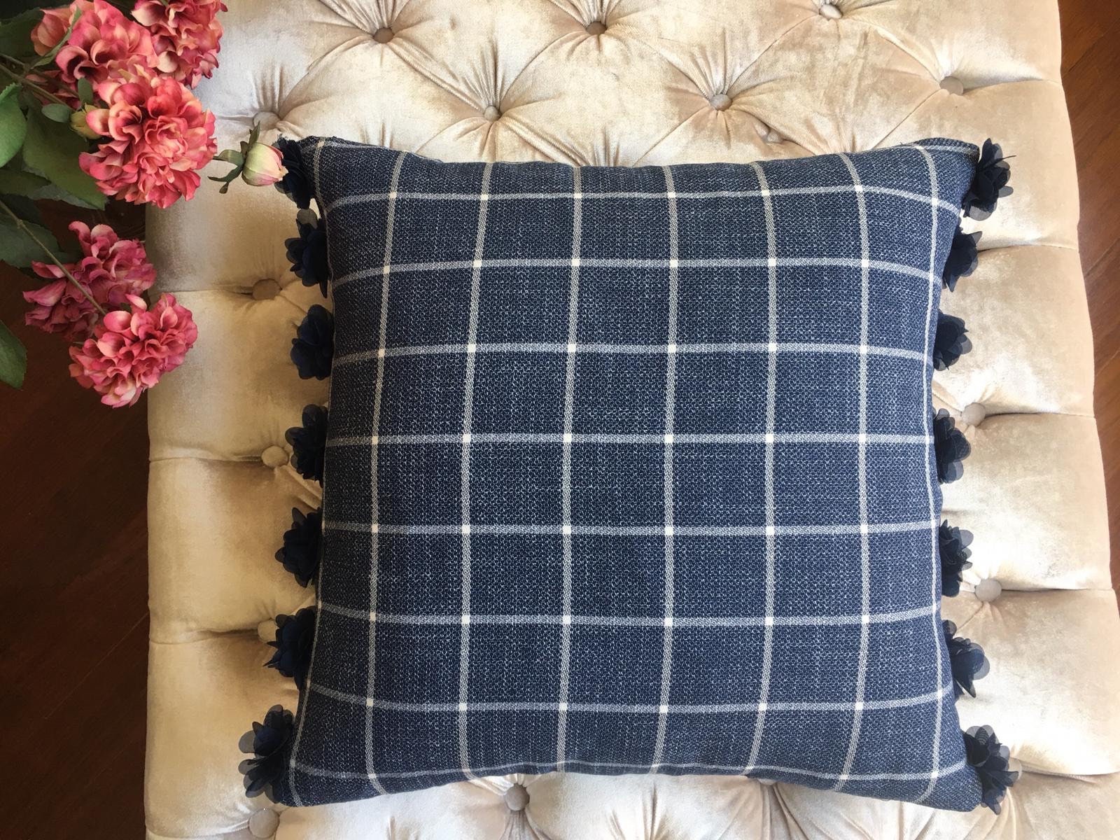 Navy Blue Plaid Fabric Decorative Pillow Cover With Chiffon Flowers