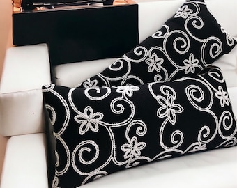 Black and white floral embroidered decorative pillow cover,cushion,throw pillow,,home decor,gifts for her,Embroidery,lumbar pillow