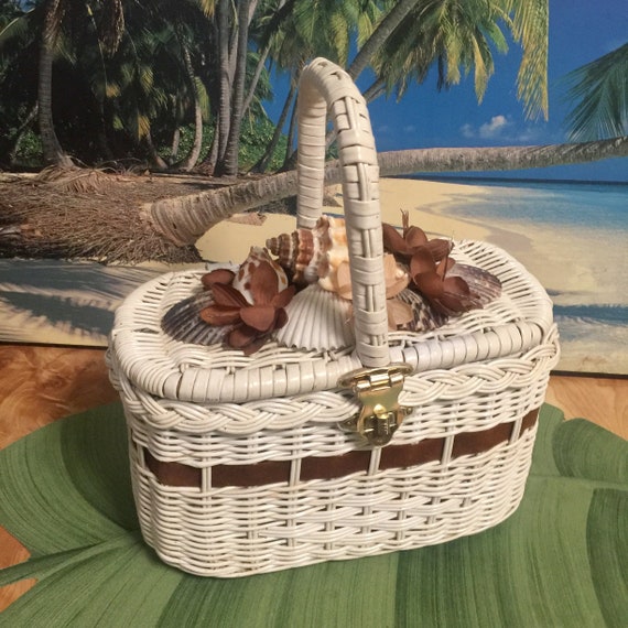 Women's 1950/60s White Wicker Straw Box Handbag Se