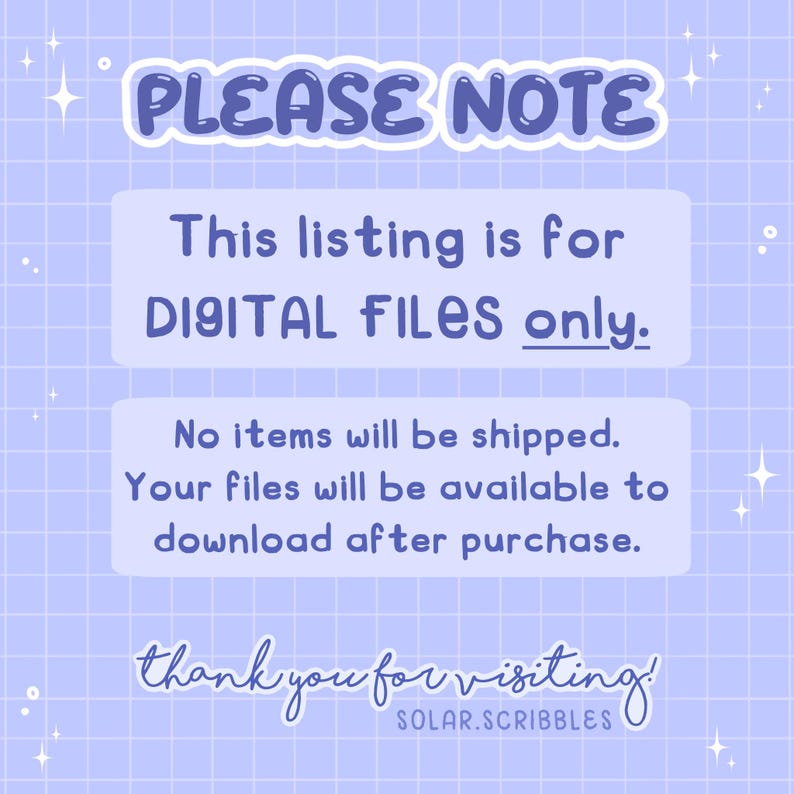 Op de afbeelding: Een lichtblauwe digitale kunstafbeelding met de tekst "PLEASE NOTE" in een bubbellettertype. De tekst hieronder luidt "This listing is for DIGITAL FILES only." en "thank you for visiting!"