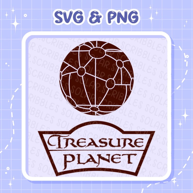 Op de afbeelding: Een digitale afbeelding met een bruin globe-ontwerp met onderling verbonden lijnen en cirkels, boven de woorden "TREASURE PLANET" in een gestileerd lettertype. De tekst "SVG & PNG" staat bovenaan.