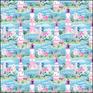 Preppy Light House - Beachy - Coastal - Pink Blue Green - Colorful Fabric By the Yard - Cotton