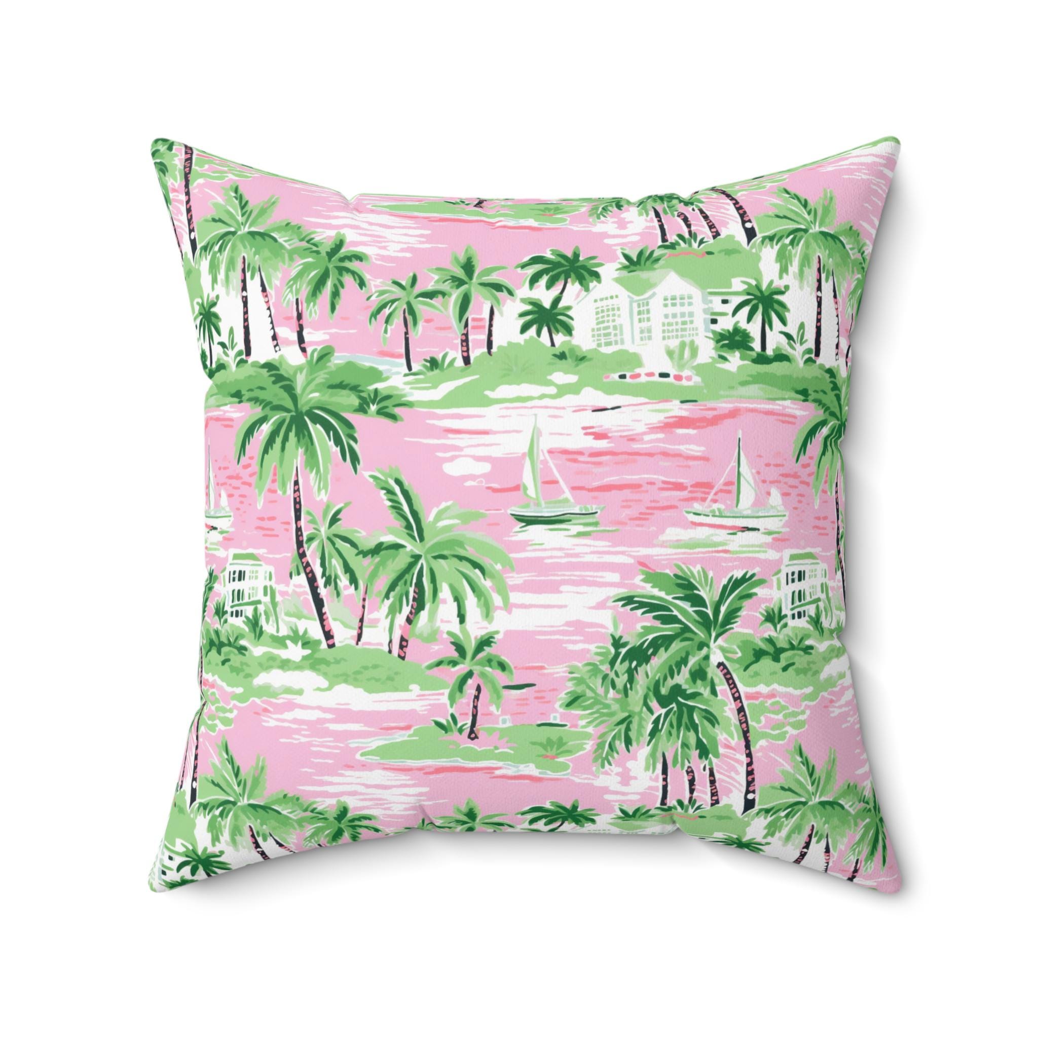 Palm Beach Palm Tree Preppy Design Pink Green Square Pillow - Indoor Pillow - Living Room - Dorm Room - Bedroom - Decor - Home Decor - Gift