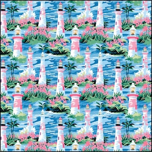 Preppy Light House - Beachy - Coastal - Pink Blue Green - Colorful Fabric By the Yard - Cotton