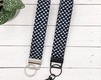 Checkered Navy Blue Wristlet Keychain | Cotton Fabric Strap