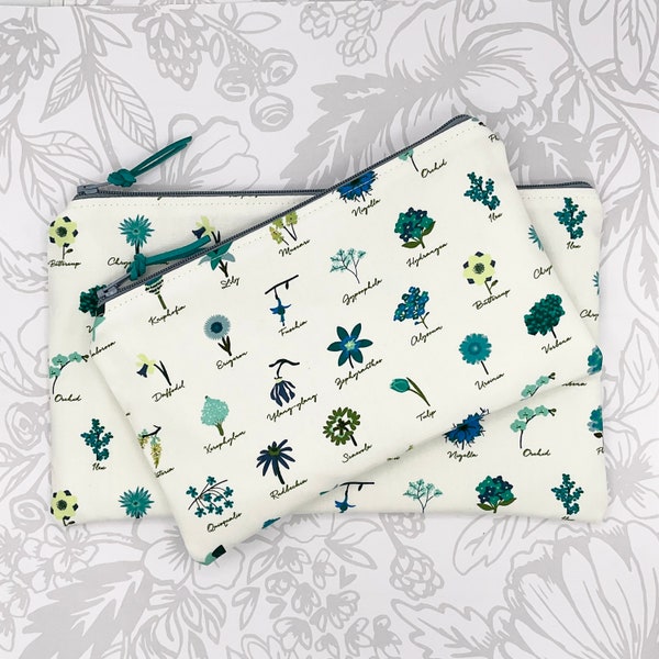 Zipper Pouch, Handmade Makeup Bag, Teal Blue Floral, Cosmetic Bag Set, Pencil Case, Travel Kit