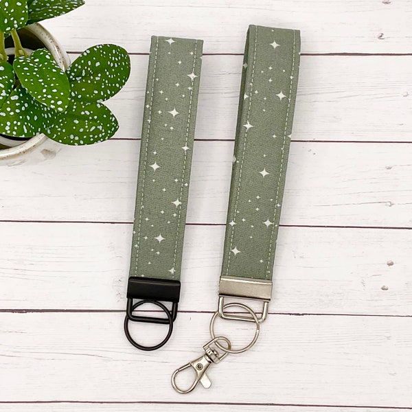 Stars Keychain Wristlet | Sage Green Keychain Strap | Wrist Lanyard | Night Sky | Celestial | Outer Space | Fabric Keychain | Key Strap