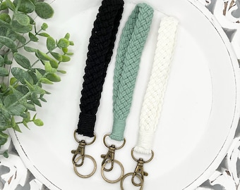Boho Macrame Keychain Wristlet, Braided Cotton Key Fob