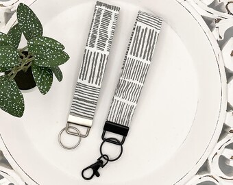 Gray Fabric Keychain Wristlet, Cotton Wrist Lanyard, Key Fob