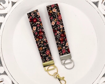 Floral Fabric Keychain Wristlet, Key Ring Strap