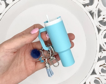 Mini Stanley Tumbler Keychain, Chapstick Holder, Pom Pom and Tassel Charms