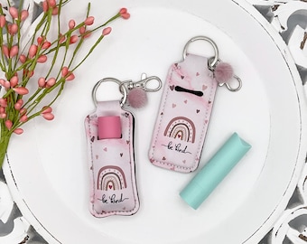 Boho Lip Balm Holder Keychain, Positive Vibes, Pom Pom Accessory