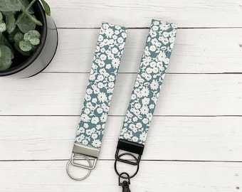 Floral Fabric Keychain Wristlet | Teal Blue Cotton Lanyard