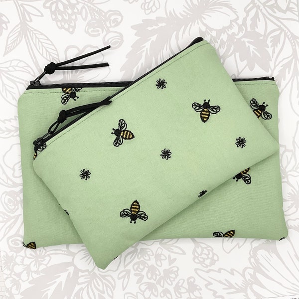 Bees Zipper Pouch, Embroidered Floral, Makeup Bag, Cosmetic Bag Set, Pencil Case, Travel Kit, Toiletry Bag