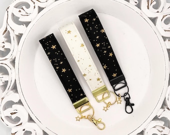 Metallic Star Keychain Wristlet, Wristlet Strap, Key Fob, Wrist Lanyard, New Car, Gold Metallic Fabric, Starry Night