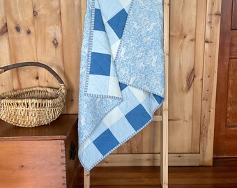 Blue Gingham Baby Quilt, Woodland Reverse, 36x46"