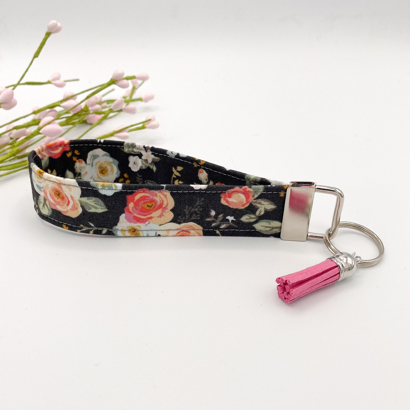 Gray Pink Wristlet Keychain Gingham Floral Keychain Wristlet Etsy
