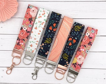 Floral Keychain Wristlet, Keychain Strap, Wrist Lanyard, Key Fob, New Car, Gift for Her, Sweet Sixteen, Fabric Keychain, Key Ring