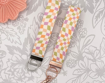 Checkered Fabric Keychain Wristlet | Boho Wrist Lanyard