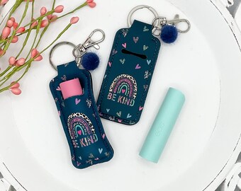 Boho Lip Balm Holder Keychain, Be Kind, Pom Pom Charm