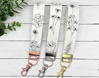 Floral Fabric Keychain Wristlet, Hand Drawn Design, Key Fob Lanyard