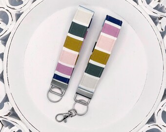 Fabric Keychain Wristlet, Striped Cotton Key Fob, Teacher Gift