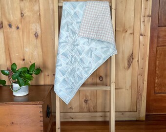Ginkgo Baby Quilt, Peach Gingham Reverse, Modern Nursery Blanket