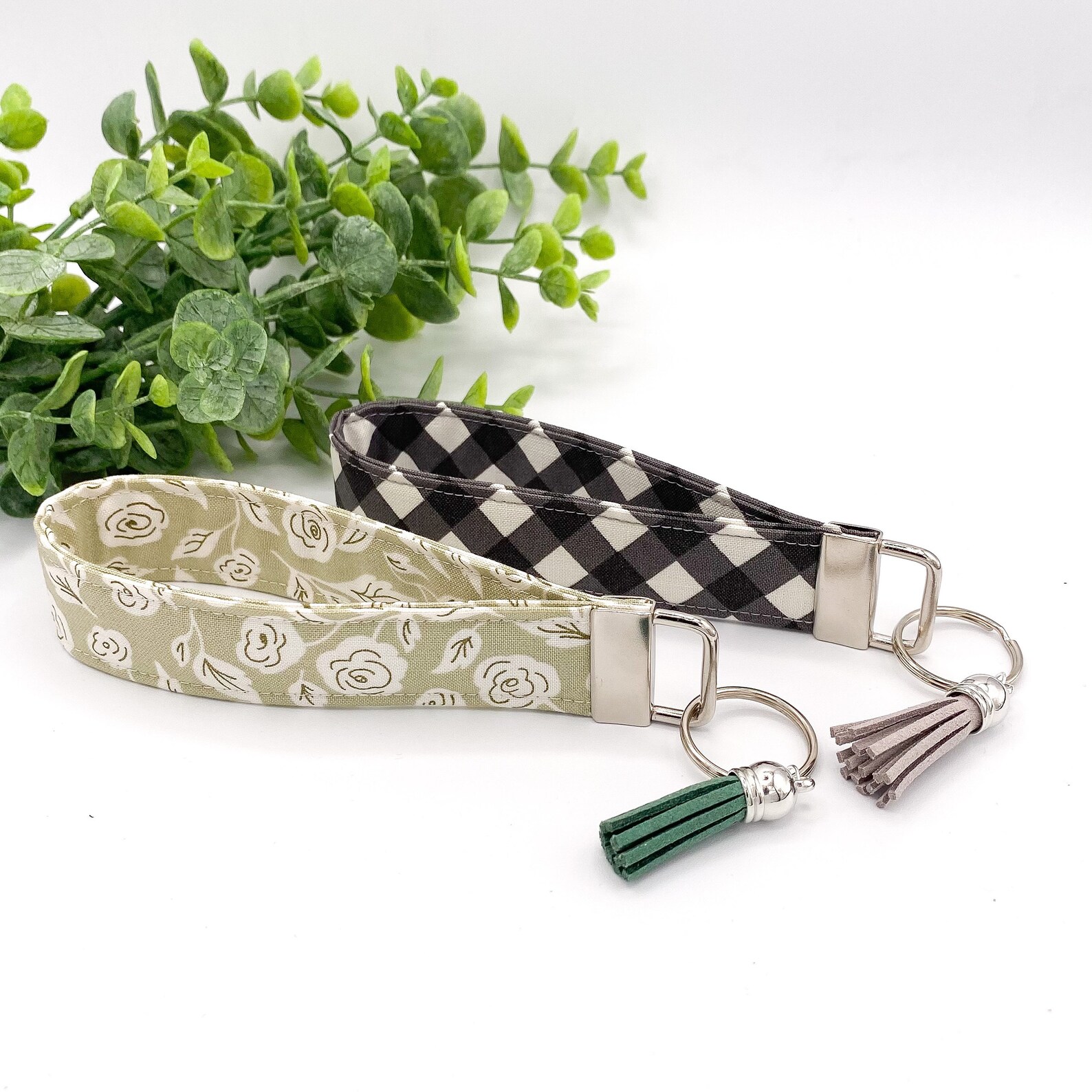 Sage Green Floral Wristlet Keychain Gingham Keychain Etsy