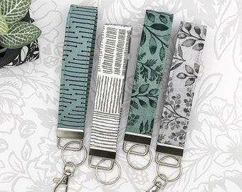 Teal Leaves Fabric Keychain Wristlet, Cotton Keychain Strap